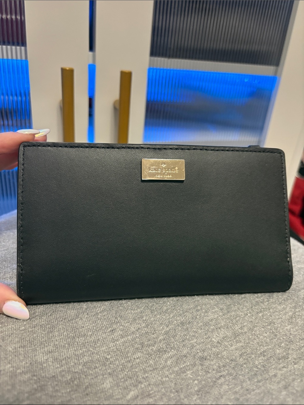 kate spade Black Leather Continental Wallet with Gold Plaque
